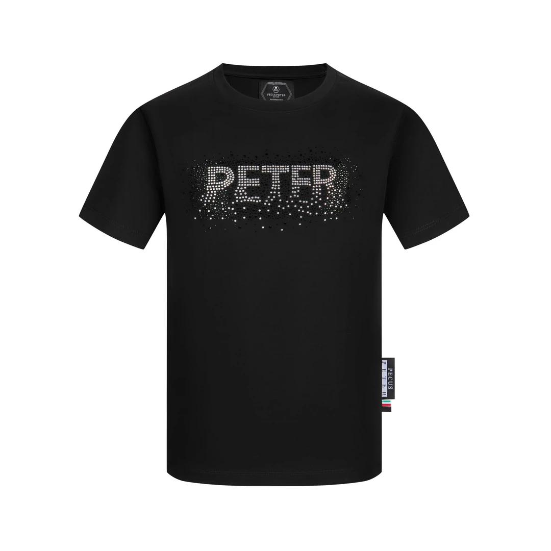 PecusPeter男款时尚潮流2025休闲夏款烫钻黑色夏季圆领短袖K02