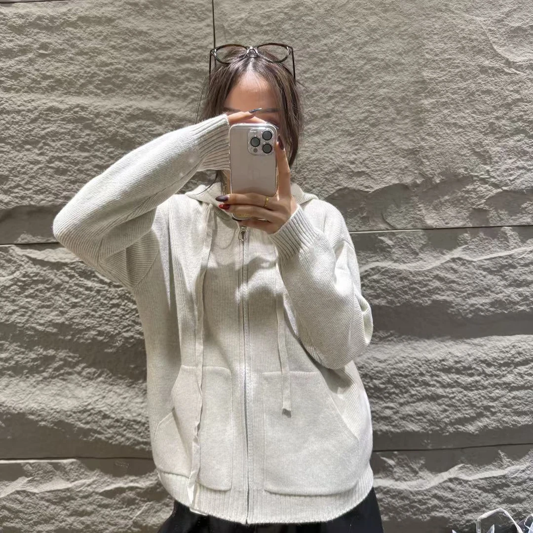 【三懿服饰】秋季新款拉链开衫连帽针织毛衣上衣-687