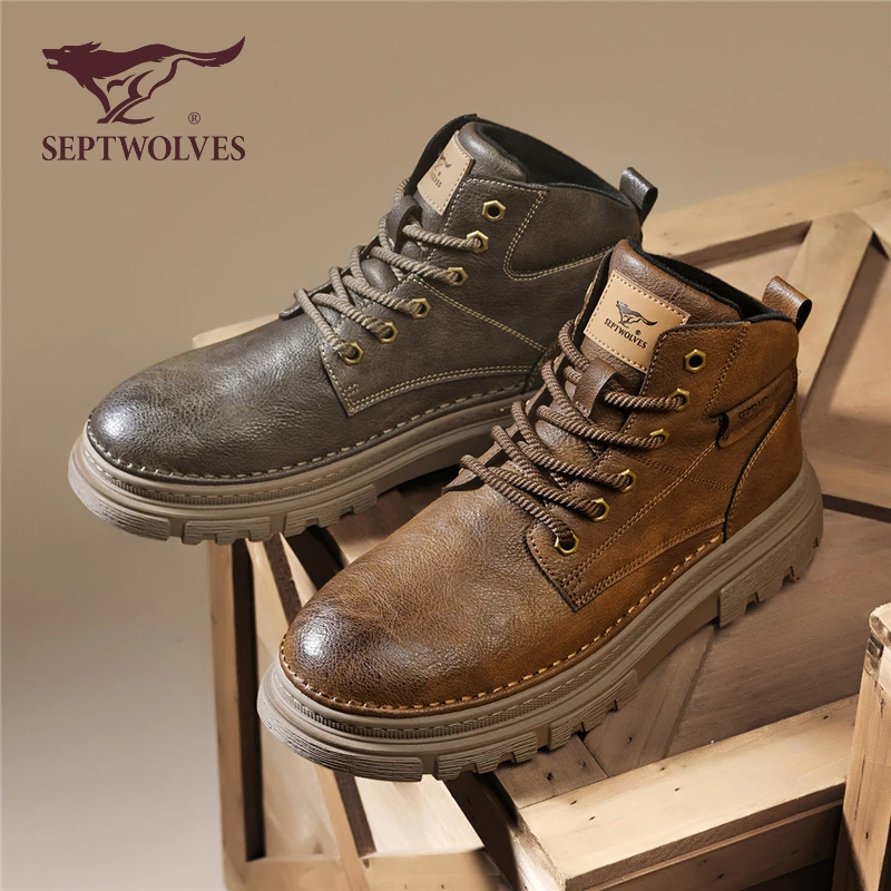 七匹狼马丁靴男2025春秋沙漠短靴子男士复古英伦工装高帮皮鞋0004