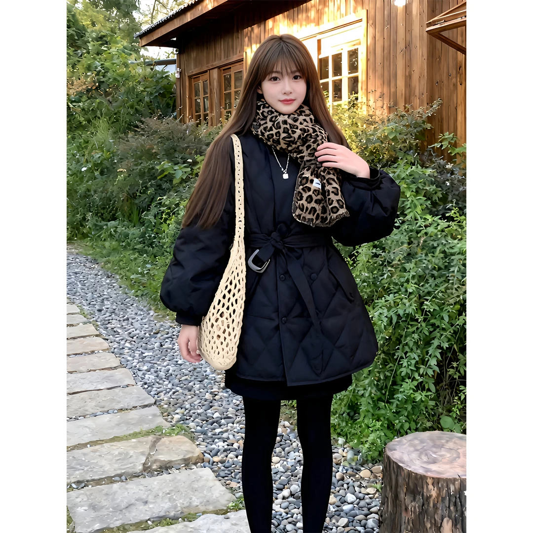 韩版高级感休闲菱格夹棉外套宽松显瘦简约通勤风加厚保暖夹克棉服