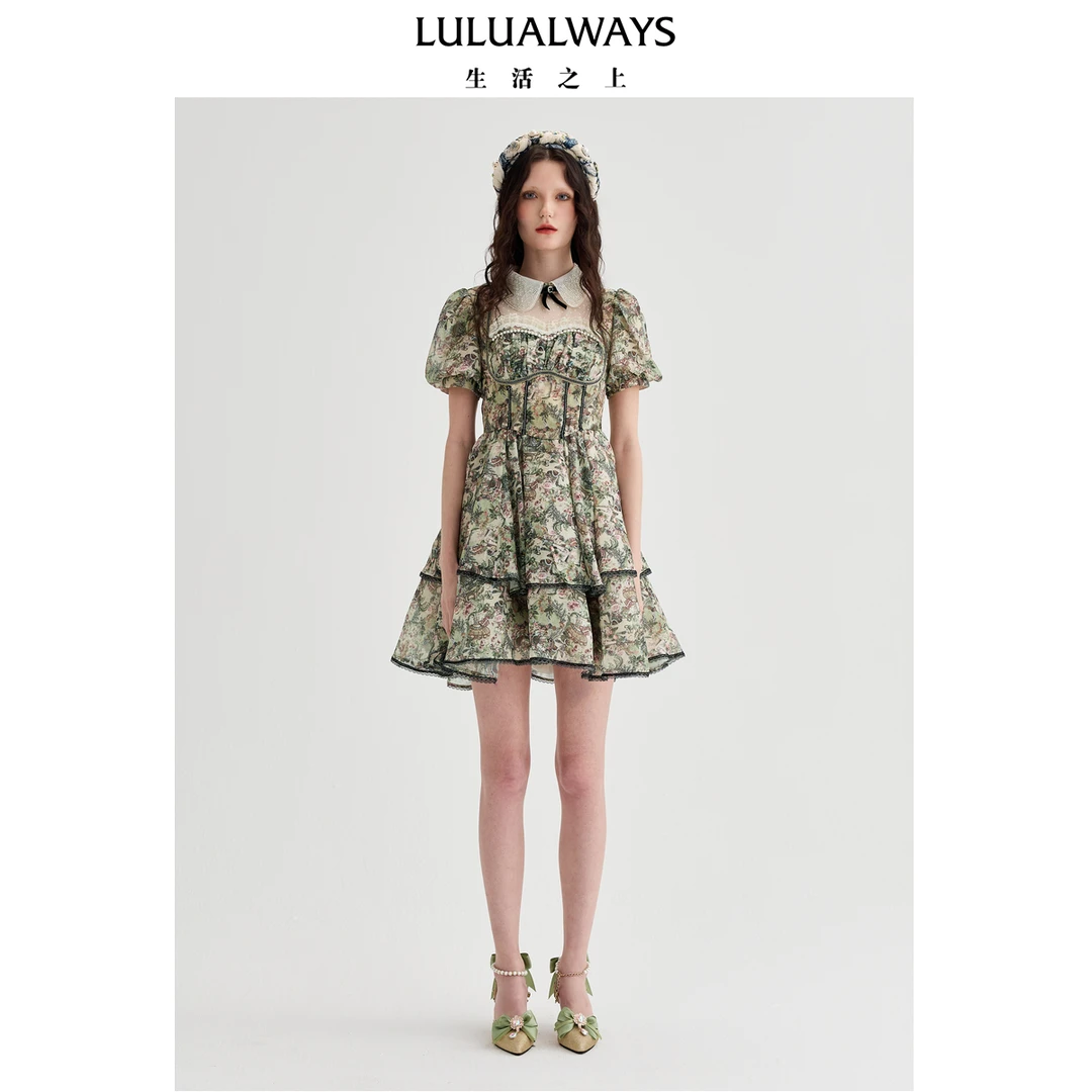 LULUALWAYS【商场同款】25春季新款复古浪漫优雅翻领层次感连衣裙