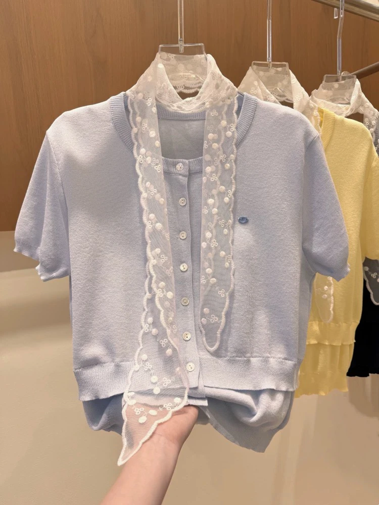 【芸朵家编号001-150】韩系高级新款针织短袖开衫莫兰迪色系女装