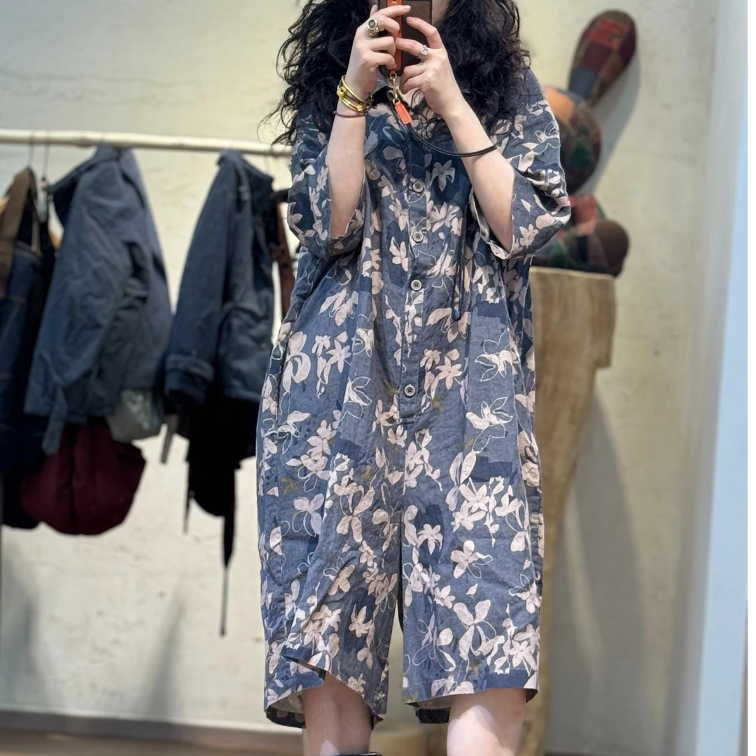 忆古朴拙双雨露亚麻宽松复古小翻领气质连体裤250430