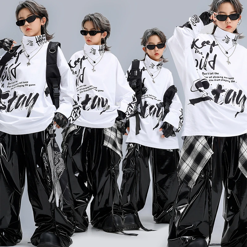街舞儿童嘻哈hiphop演出服男女孩子高领T恤皮裤舞蹈练功服走秀服