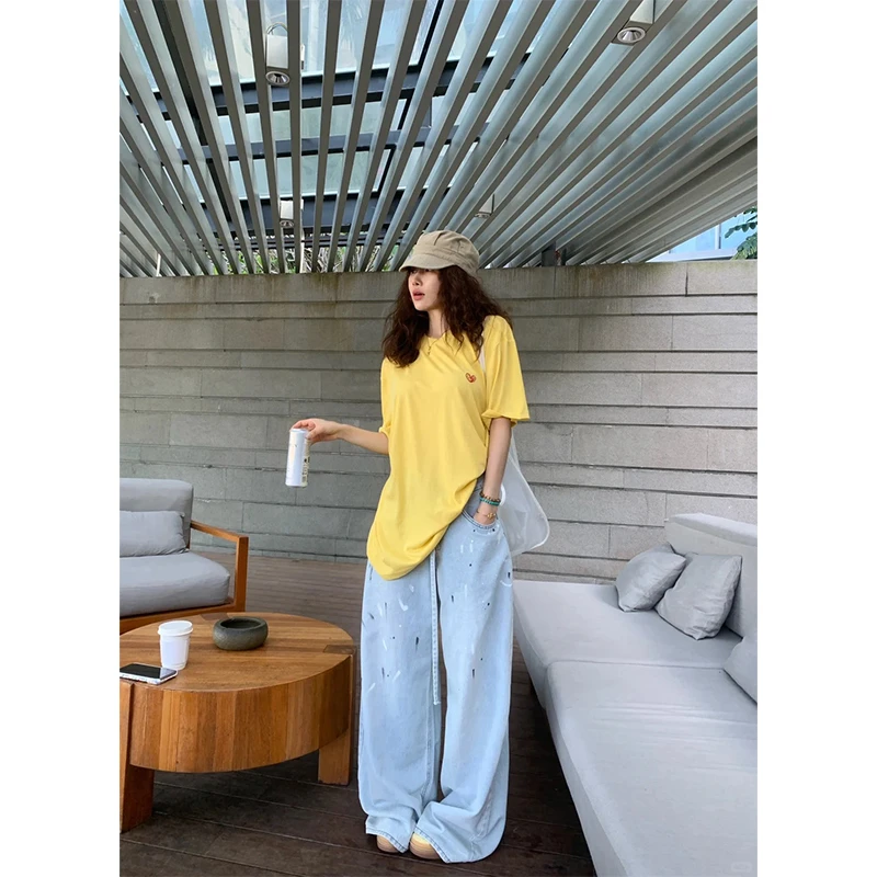 夏季小清新时尚气质印花复古图案T恤上衣百搭抽绳牛仔显瘦长裤女