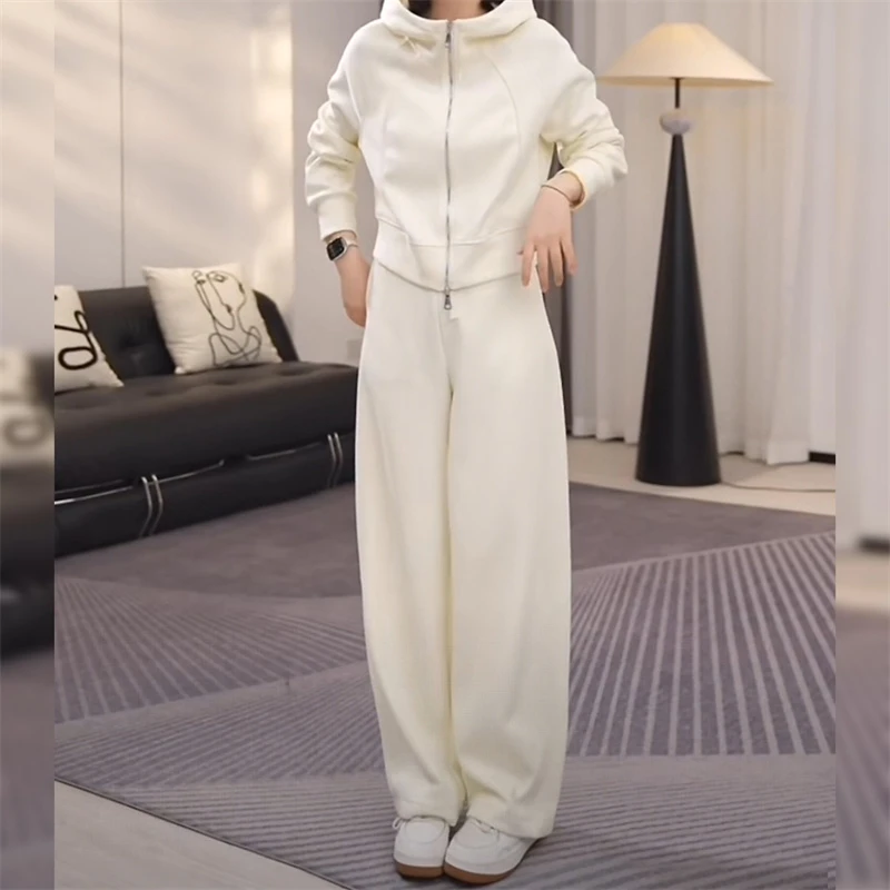 欧货时尚休闲套装女秋冬新款洋气高级感连帽拉链卫衣阔腿裤两件套
