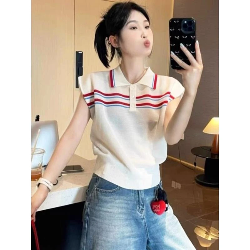 韩系撞色条纹polo领短袖t恤女夏季2025新款宽松显瘦针织上衣5210