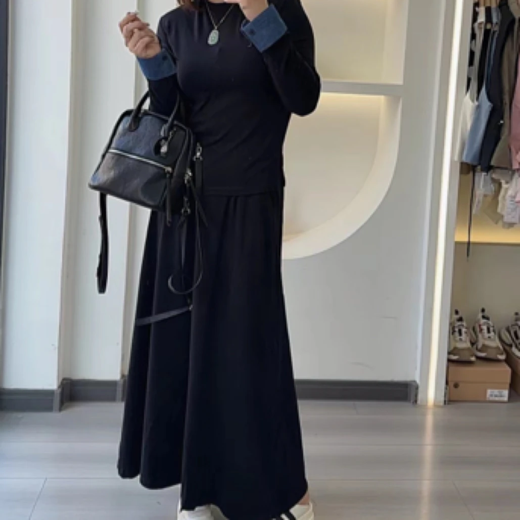 拼接牛仔休闲慵懒风垂感套装长袖上衣+半身裙两件套25002