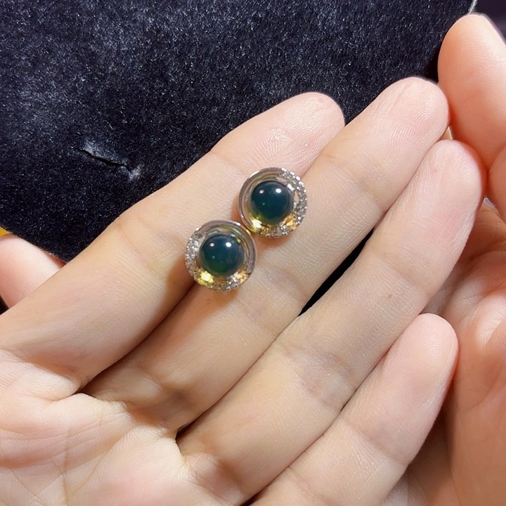 银S925镶嵌蓝珀珠宝奇石墨西哥蓝珀耳钉