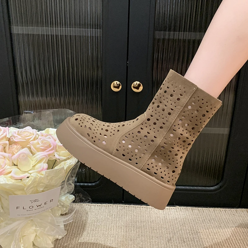 增高5CM~小个子洞洞靴厚底百搭短靴2025新款夏季显瘦软底百搭