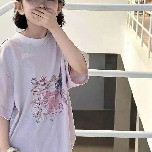 夏季中性短袖女童蝴蝶结百搭T恤时尚上衣绣花复古