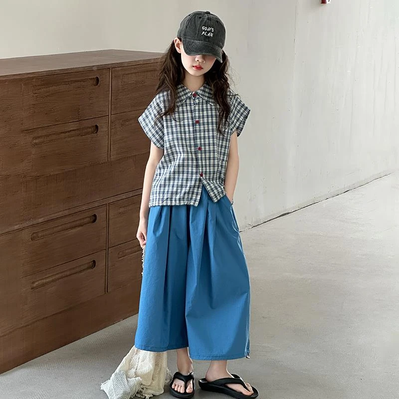 女童夏季格子衬衫套装2025新款韩系儿童时髦潮流休闲阔腿裤两件套