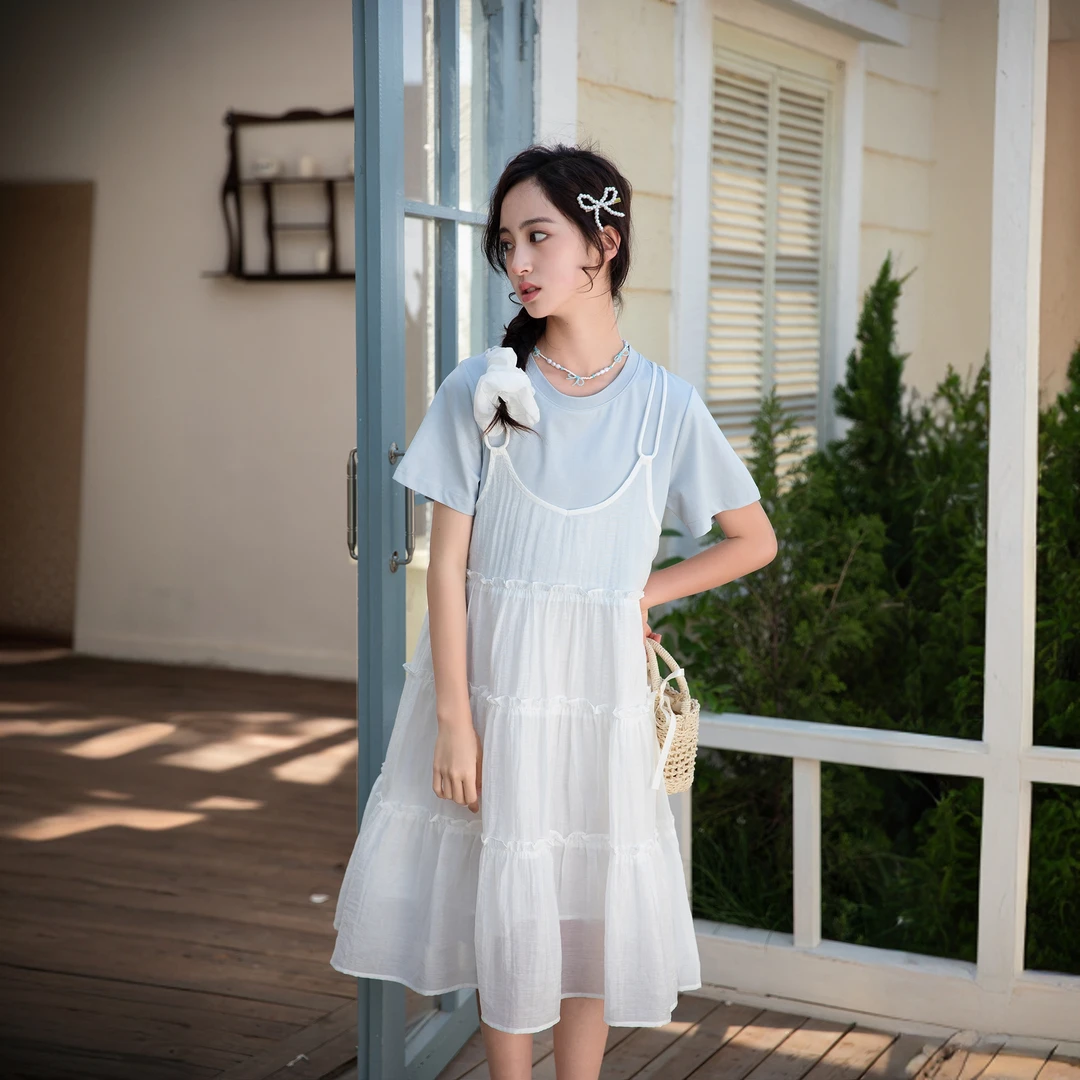 女大童夏款假两件连衣裙韩版INS风T恤时尚公主镂空吊带裙-SU307