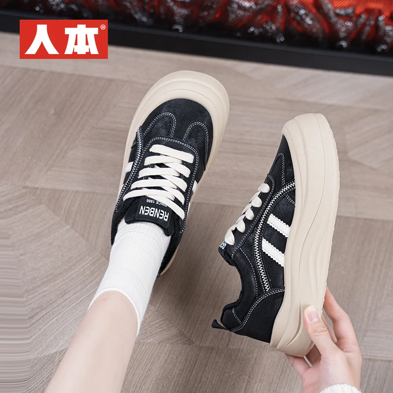 人本拼色厚底女款2025冬季新款加绒圆头系带小众时尚休闲鞋