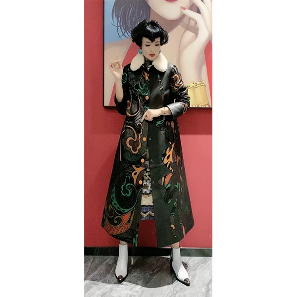 W2217 菲姐时尚气质女士复古国风中长款冬季皮衣外套