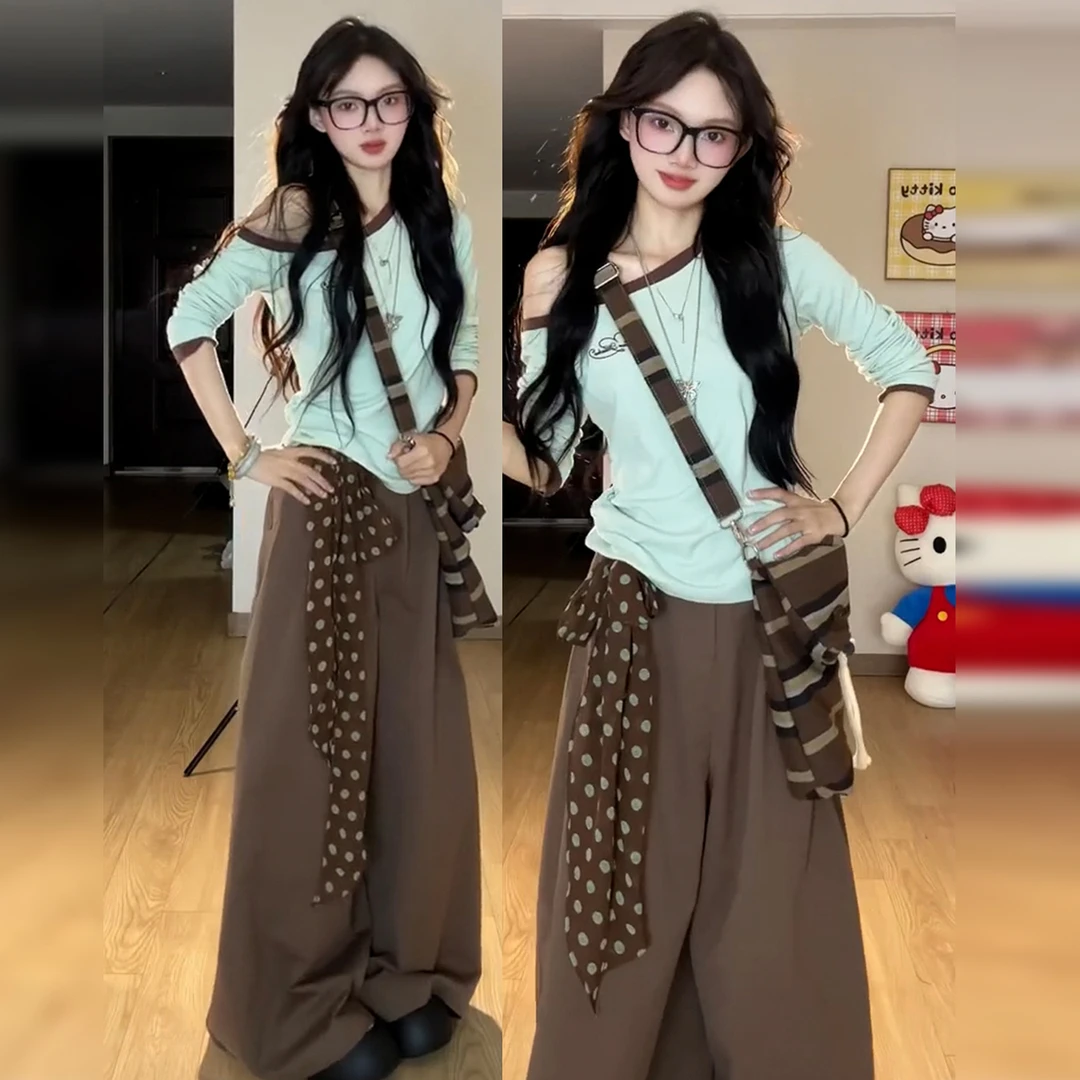 韩系绿色露肩t恤女早秋2025新款绝美巨好看收腰修身长袖斜肩上衣