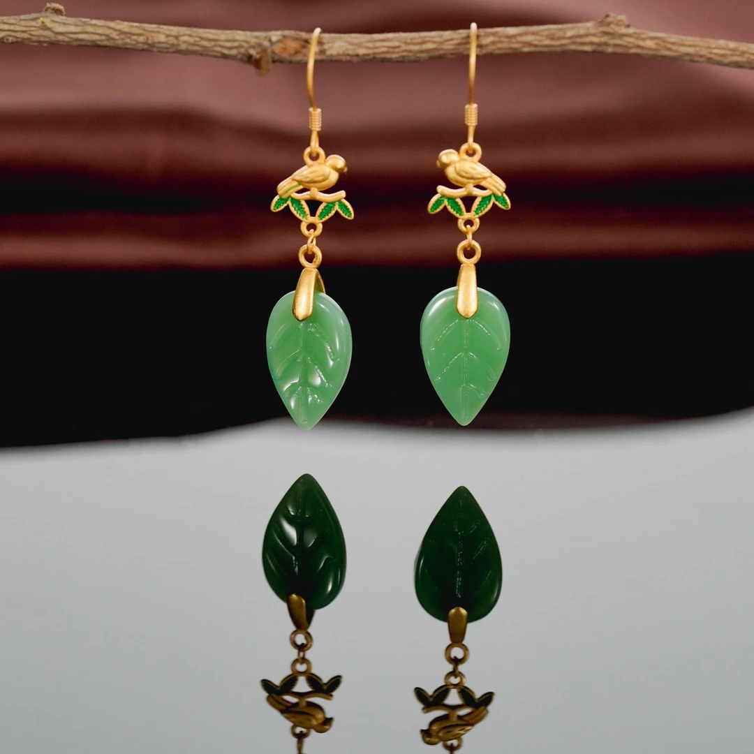 铜合金耳饰 长款耳饰时尚镀金气质叶子玉珐琅彩绘耳环6018E