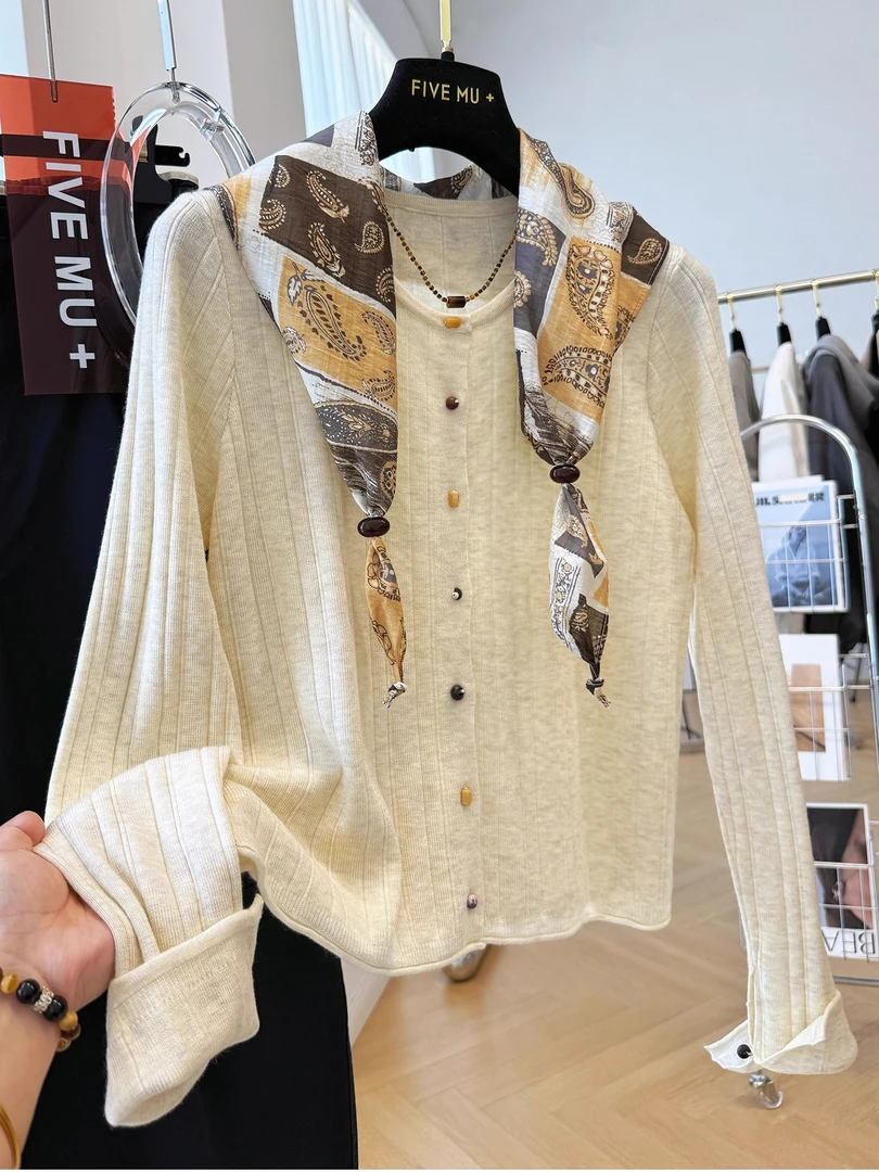 长袖针织衫开衫女装春秋季2025新款十三行打底上衣宽松薄款毛衣