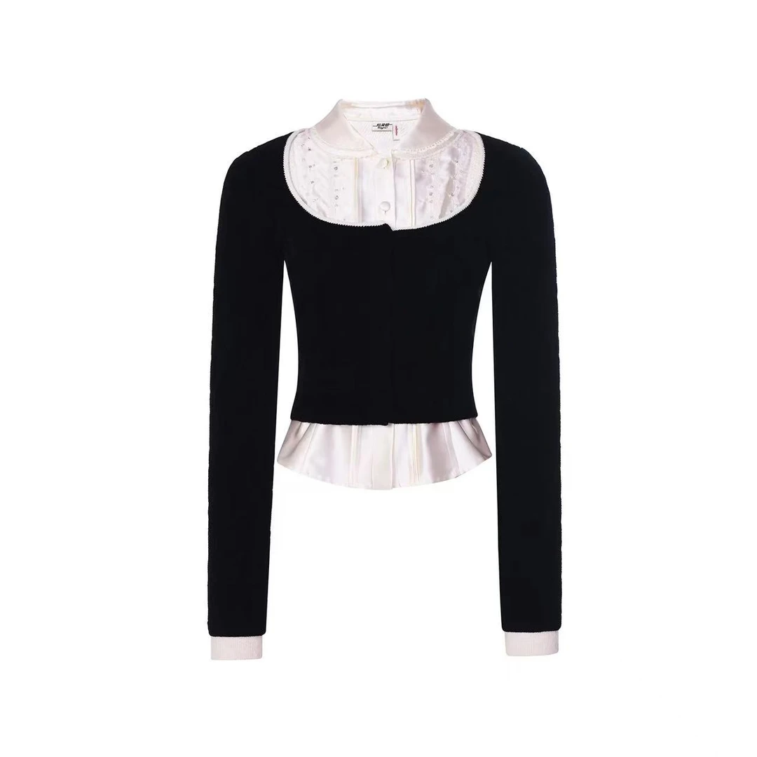 LeFame/拉飞姆25冬法式娃娃领撞色两件套针织开衫FF25D11ZM105