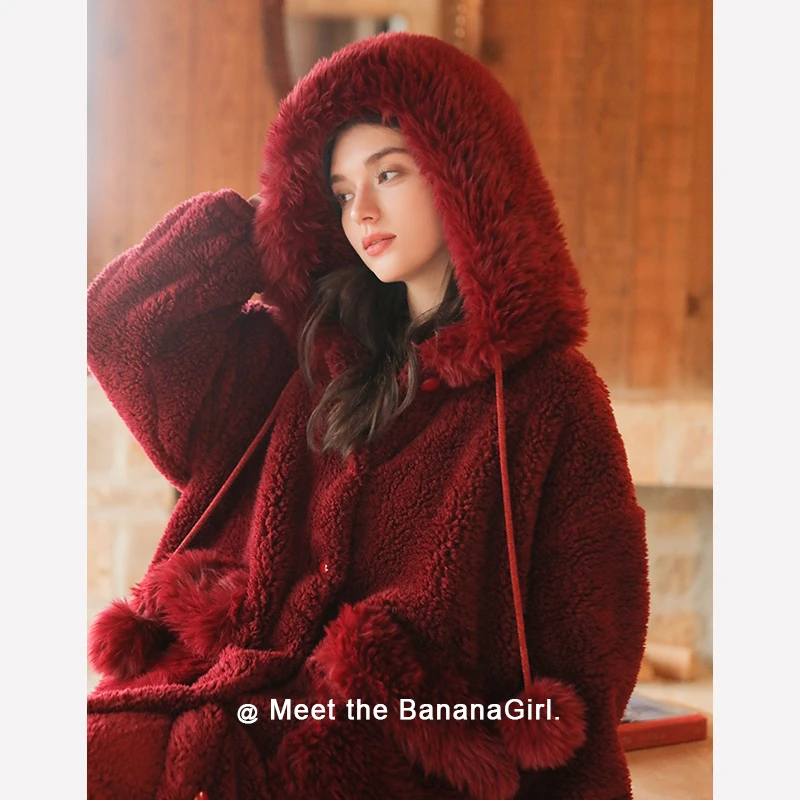 香蕉女孩【微醺波尔多】睡衣女秋冬长款睡袍循环蓄温速暖家居服