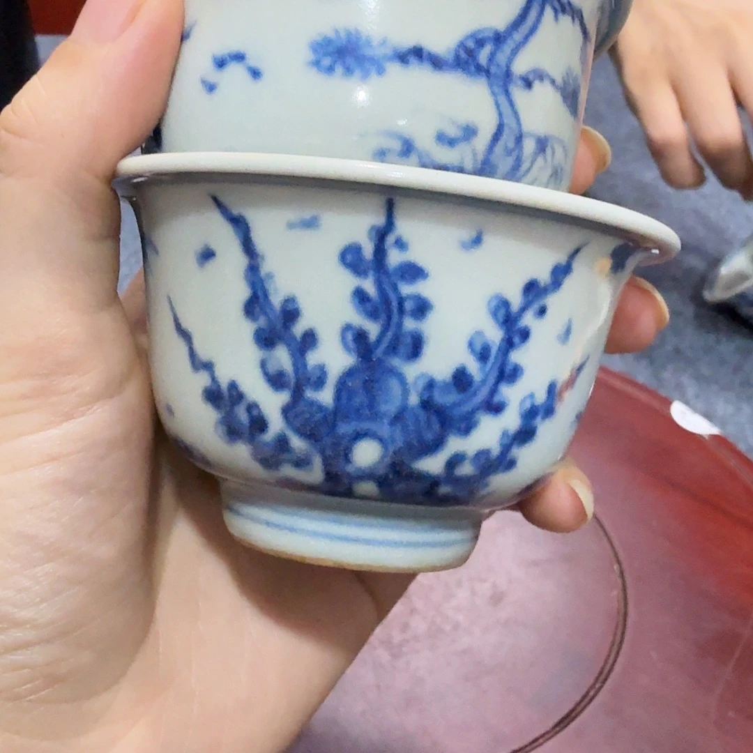 海***痛瓷片青花杯子一对完整完整