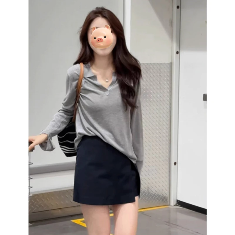 法式翻领莱赛尔亚麻灰色长袖防晒T恤女夏季薄款外搭空调罩衫上衣