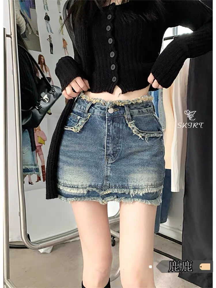 8239辣妹美式复古牛仔半身裙女夏包臀裙a字短裙