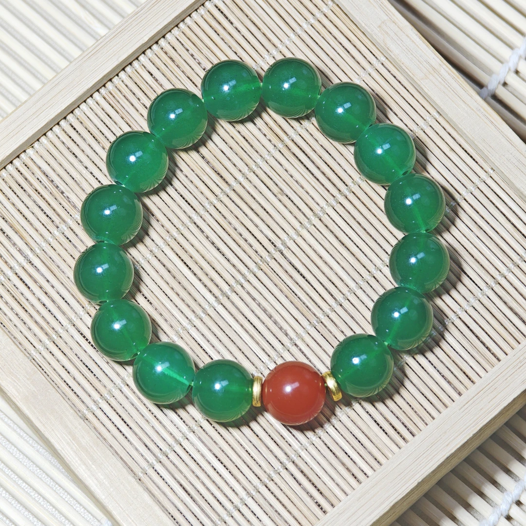天然菠菜绿红玛瑙单珠手串 97