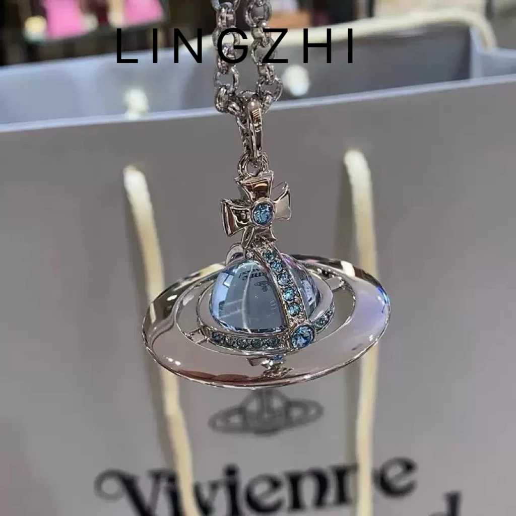 铜合金项链 微微安冰川蓝ORB中号立体土星飞碟长款毛衣链