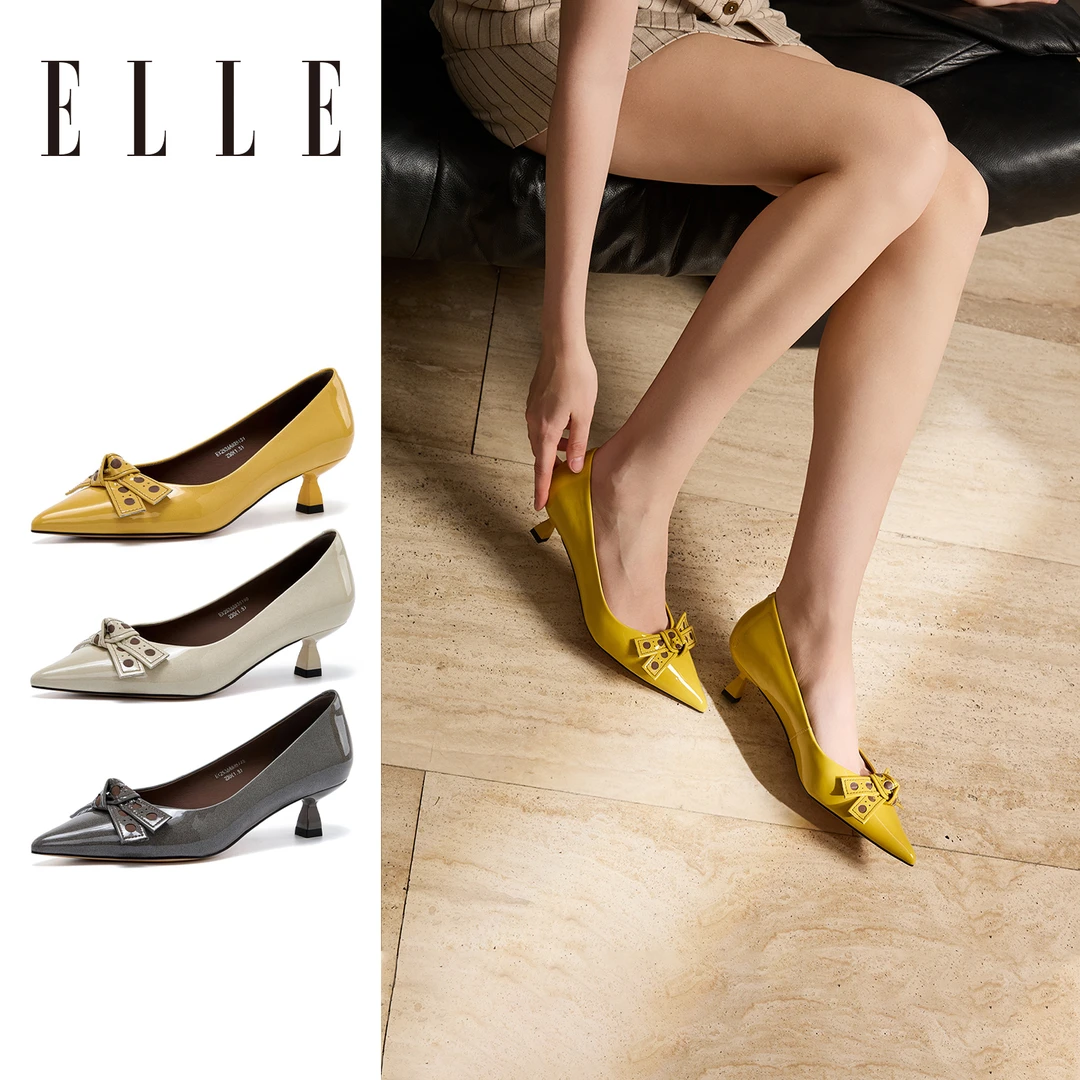ELLE米白色蝴蝶结浅口单鞋女舒适矮跟高跟鞋通勤久站不累脚工作鞋