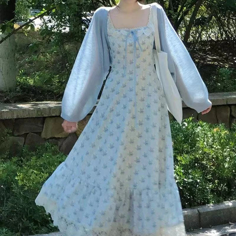 两件/套装田园风蓝色碎花吊带裙+女学生蓝色防晒披肩完美国际联名