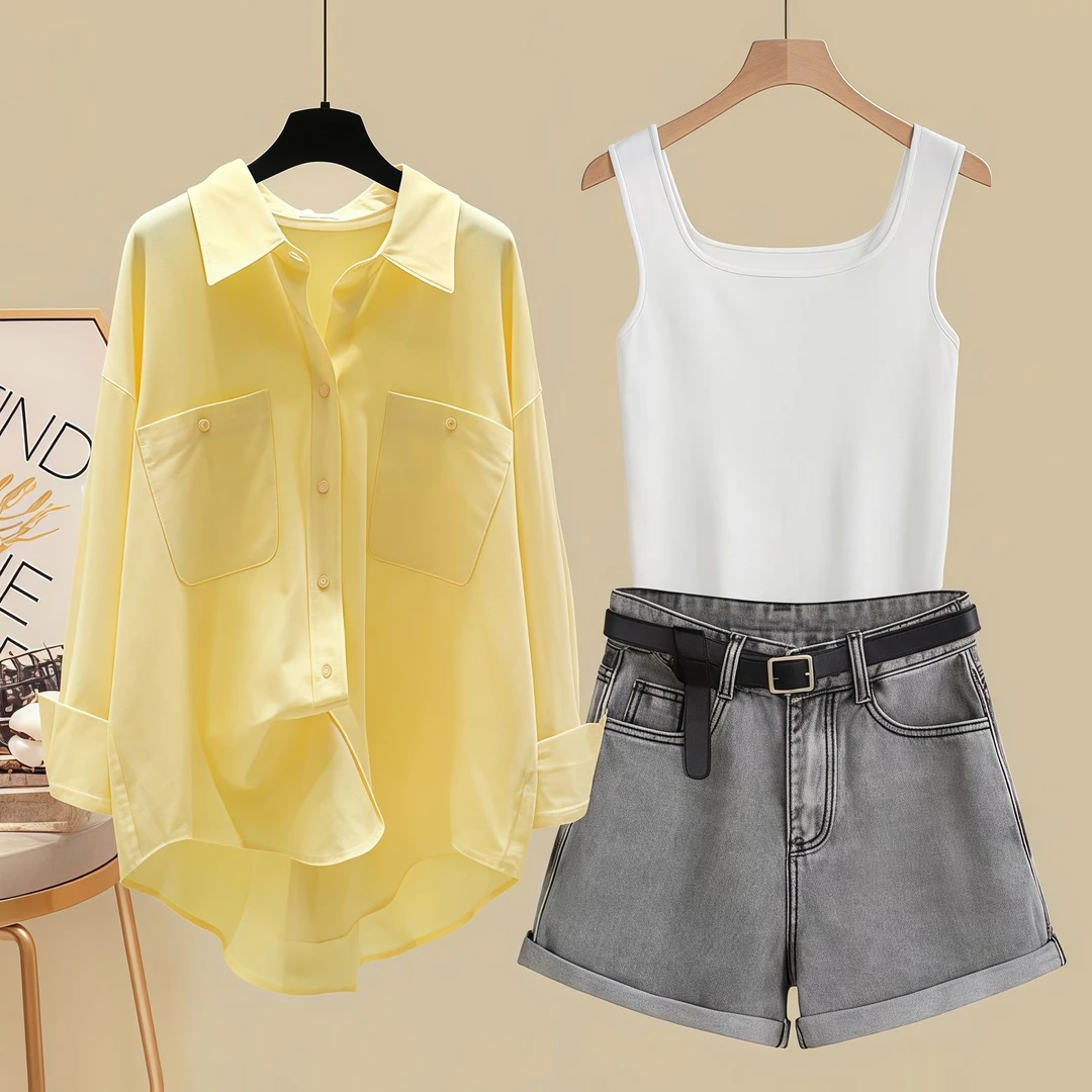 夏季穿搭一整套女2025新款时尚防晒衬衫吊带配显瘦牛仔短裤三件套