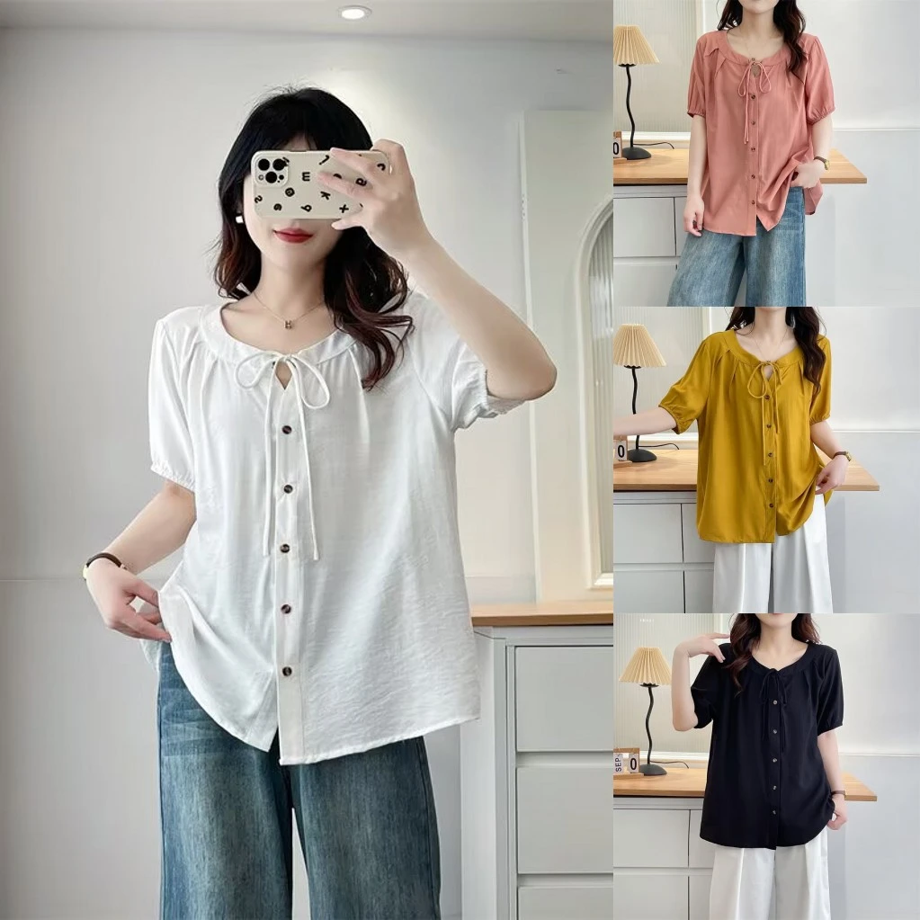 大码胖mm洋气文艺休闲百搭系带圆领衬衫女夏季新款遮肉显瘦上衣