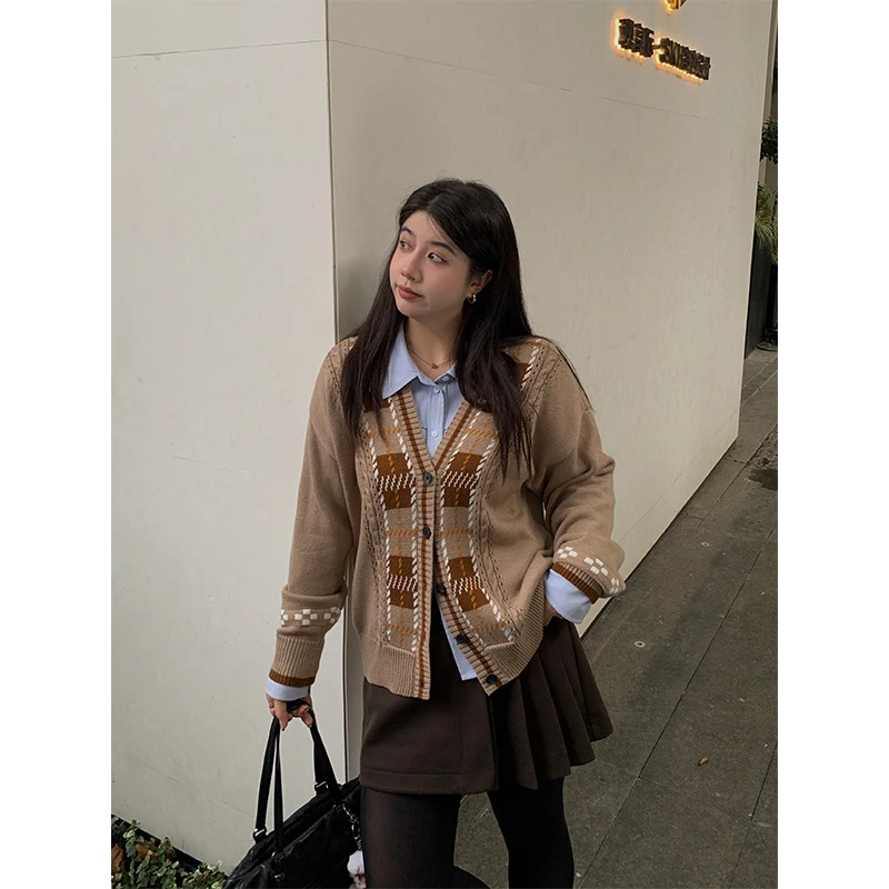 QC李潇洒微胖咖色复古毛衣外套慵懒风宽松v领针织开衫XS310D15