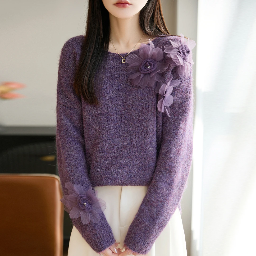 哥弟阿玛施正品秋冬洋气立体花朵紫色羊毛打底衫小香风时尚针织衫