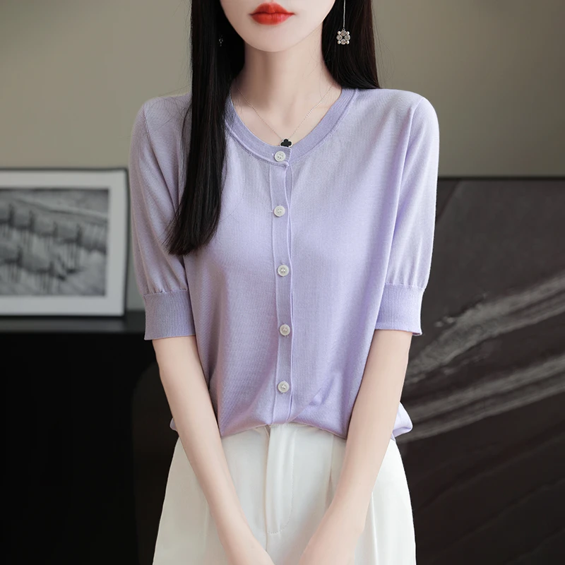 100天丝夏季圆领短袖五分针织衫薄款中袖开衫女新款宽松上衣外套