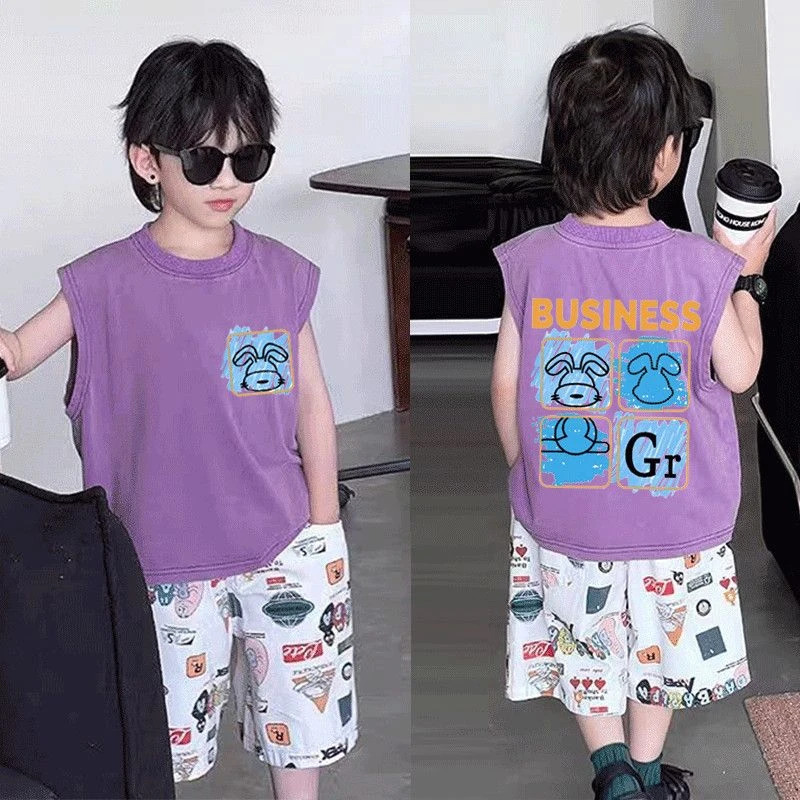 新款兔兔背心儿童男童100纯棉T恤宝宝男童2025夏季圆领卡通上衣潮