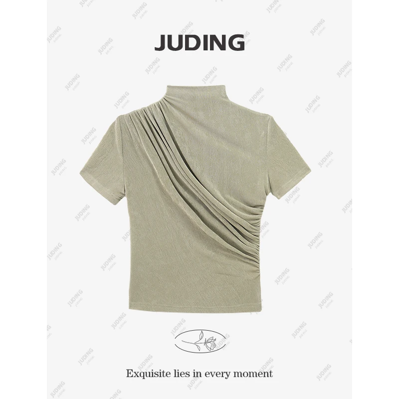 【温柔陷阱】不规则褶皱立领短袖T恤女2025夏季新款设计感上衣8069