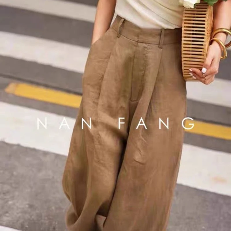 推荐！咖色亚麻阔腿裤女高腰垂感休闲裤设计感时尚棉麻长裤