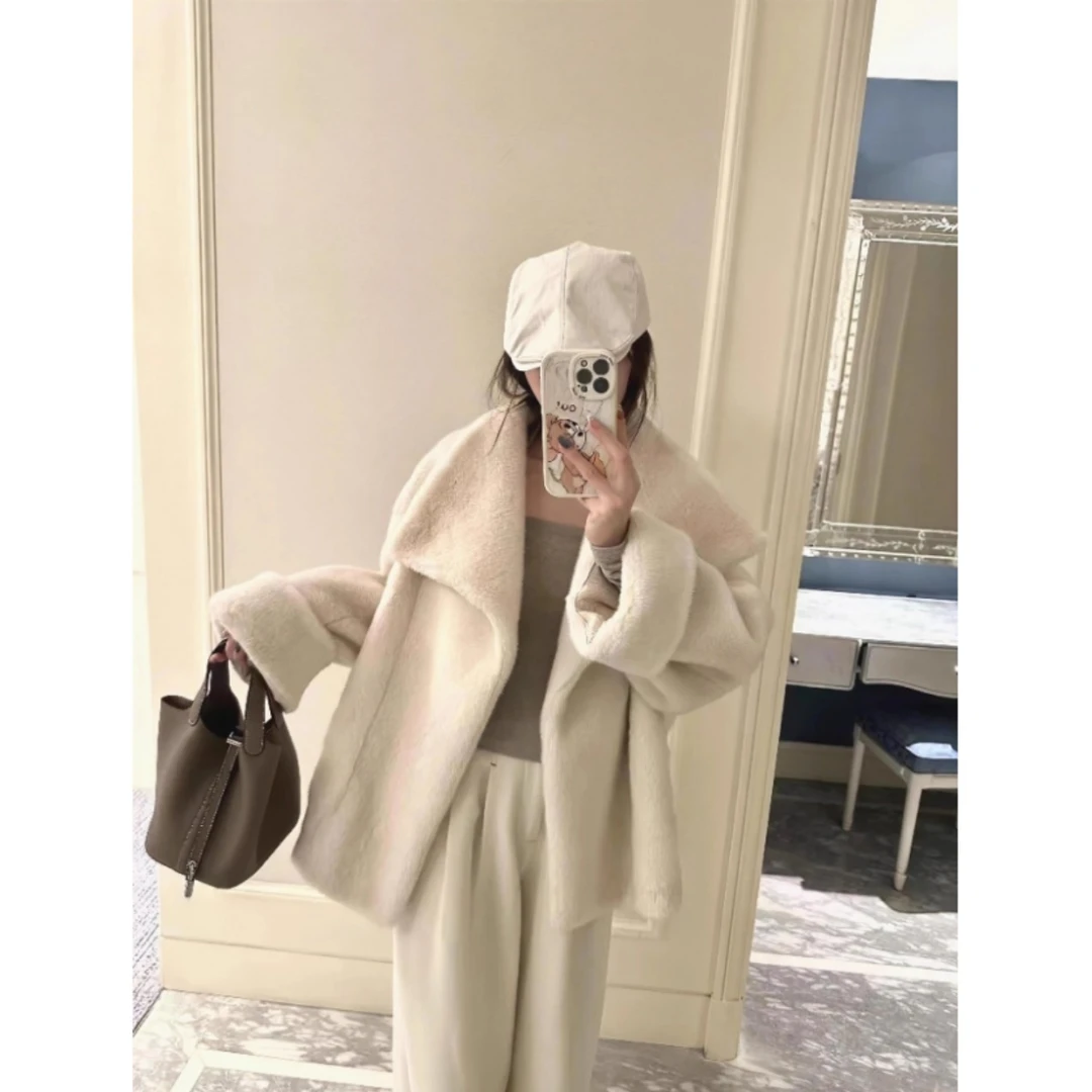 【北海道初雪】大翻领环保毛毛上衣女冬季显瘦廓形加厚皮毛一体外套