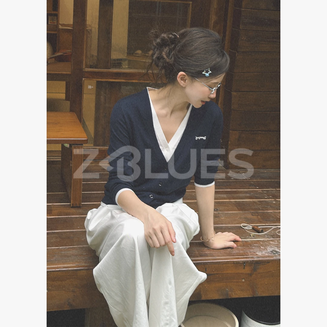 Z.blues【智性少女】叠穿氛围感假两件V领羊毛开衫YZALM7063