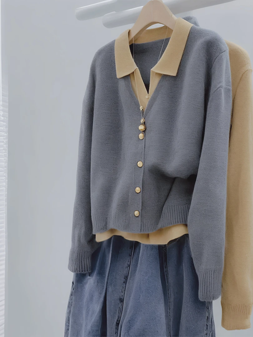 大码早秋假两件POLO领洋气纽扣显瘦时尚胖mm百搭宽松女长袖针织衫