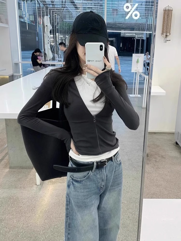 韩系氛围感张色长袖t恤女秋冬新款温柔极简风设计感拉链打底衫