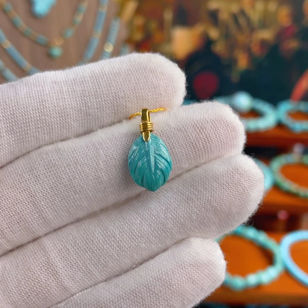 绿松石银S925镶嵌珠宝半成品瓷釉玉化绿羽毛