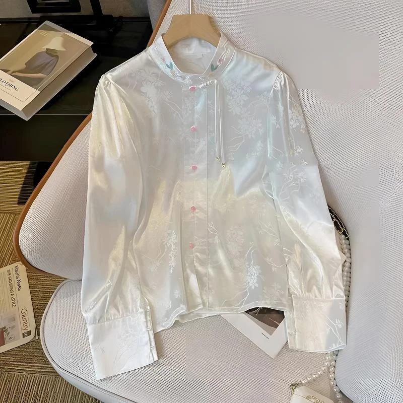 春季新中式国风长袖衬衫女时尚气质百搭立领刺绣衬衣女网红上衣潮