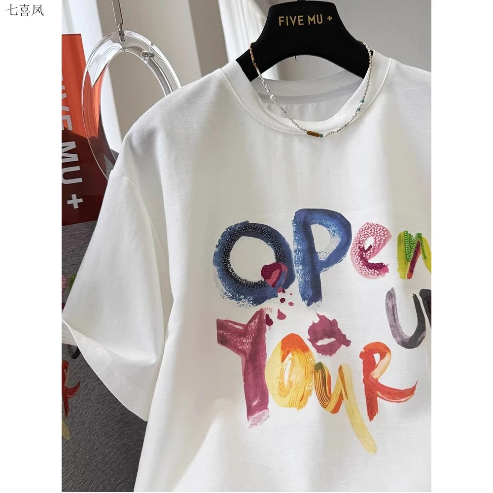 宽松型夏季新款纯棉短袖通勤韩版彩虹多巴胺减龄女士T恤衫