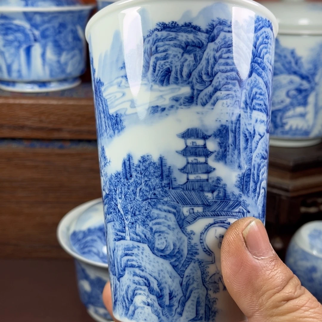 微微瑕青花山水可乐杯