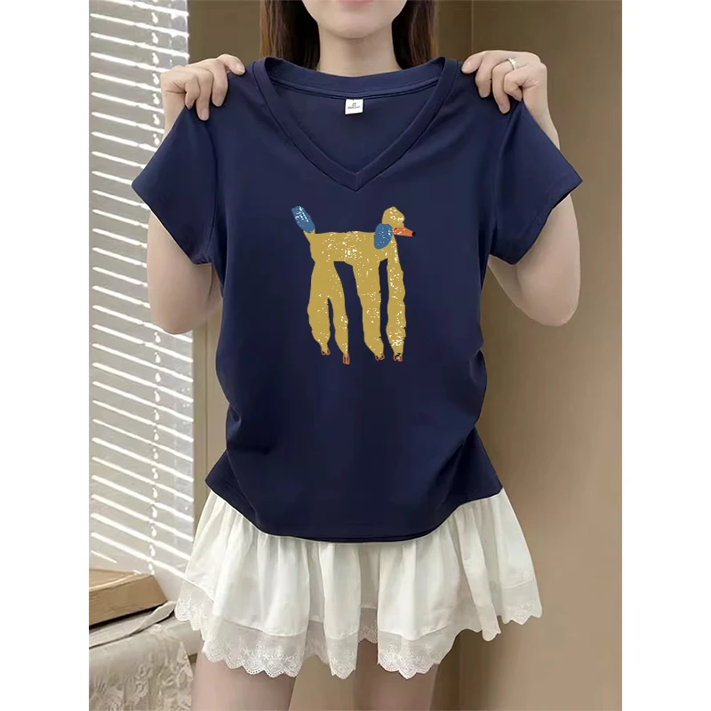 2025夏季爆款V领收腰纯棉正肩短袖t恤女侧边褶皱修身藏青色上衣潮