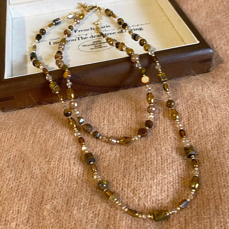 合金布艺项链 美拉德色系两条叠戴 短链+长链项链毛衣链