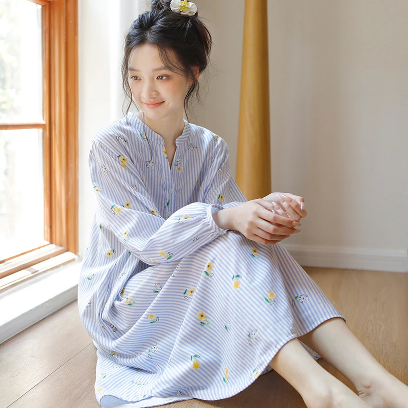 秋季衬衫裙夏季长袖睡裙女士薄款长袖空调服宽松双层棉纱可外穿